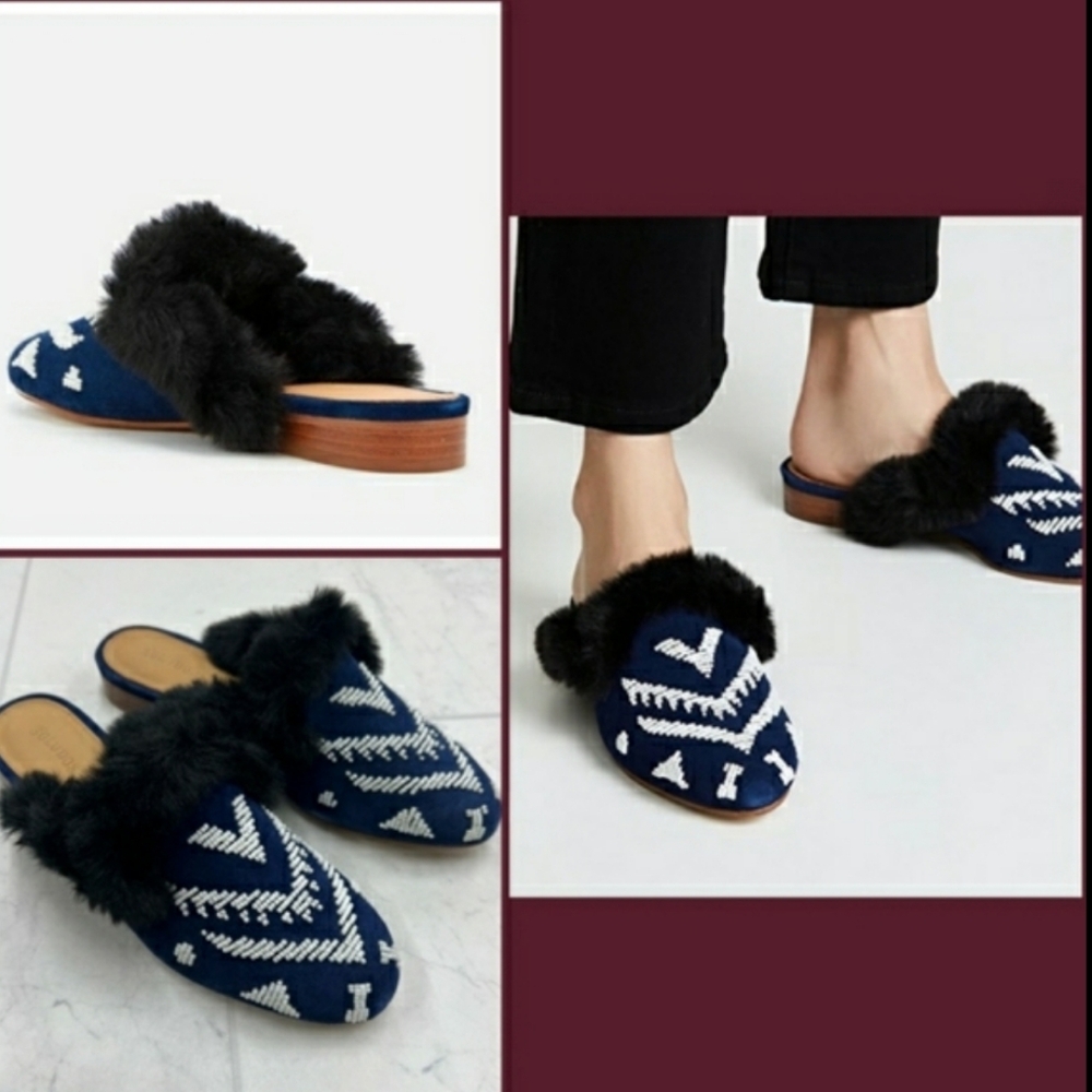 Soludos Sedona Faux Fur Beaded Leather Mule Navy 6 new In Box - Picture 12 of 12